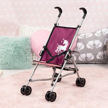 Коляска для ляльок, складна, подвійні колеса, ремені безпеки, з металу, рожева, рожева, єдиноріг, 30537AA