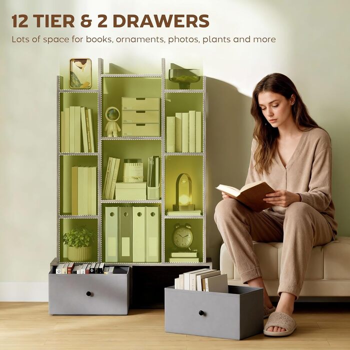 Книжкова полиця HOMCOM Tree, 12-ярусна підлогова книжкова шафа з 2 складними шухлядами, окремостояча книжкова полиця для зберігання речей, вітальні, домашнього офісу, спальні, графітовий ефект дерева