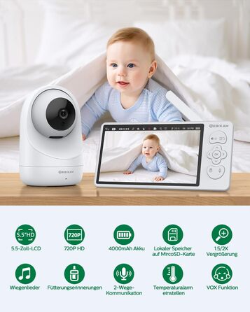 Дюймовий радіоняня Sebikam з 2 камерами, екран HD 720P, відеоняня, батарея 4000 мАг, відеоняня PTZ 355, режим VOX, нічне бачення,