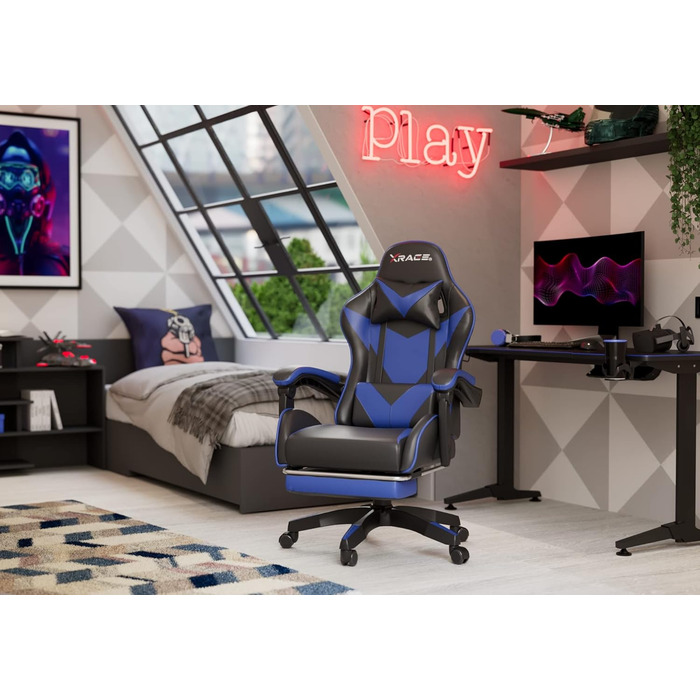 Ігрове крісло xRace, офісне крісло, ергономічне комп&39ютерне крісло, шкіряне ігрове крісло з поперековою опорою, регульований поворотний механізм, робоче крісло з підставкою для ніг та підголівником, синє