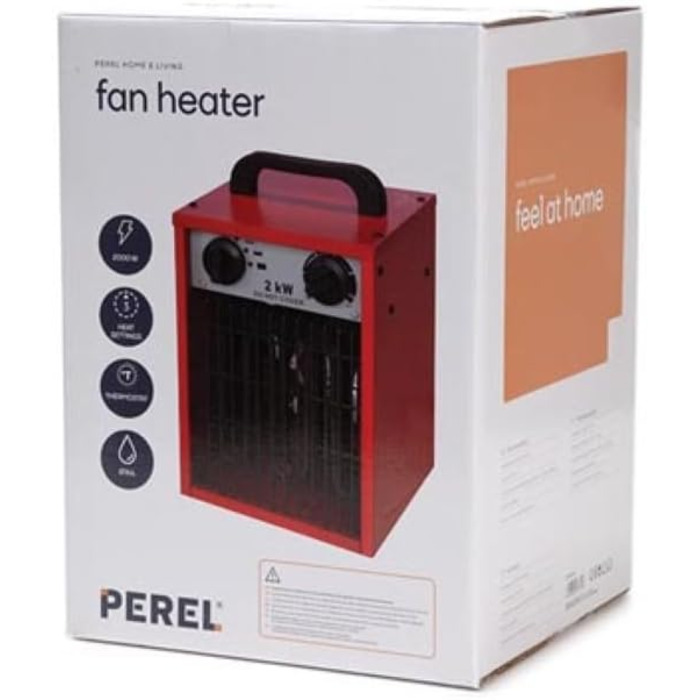 Електричний вентилятор-обігрівач Perel потужністю 2000 Вт з 3 режимами нагріву, термостатом та функцією охолодження, захистом від перегріву IP24, компактний та портативний для майстерні, гаража або сараю, 2000 Вт (3 рівні)