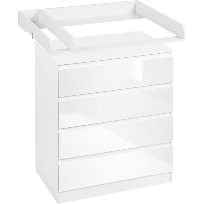 Пеленальний столик WOLTU зі знімною стільницею для пеленання, дитячий пеленальний столик, полиця для пеленання, комод з 4 шухлядами, висота 110 см, білий глянцевий білий глянцевий білий