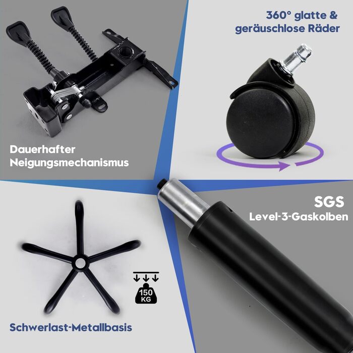 Ергономічне офісне крісло з функцією відкидання спинки, підставка для ніг, крісло з можливістю нахилу 90-135, синхронізовані підлокітники, вантажопідйомність до 150 кг, крісло керівника з високою спинкою, широке сидіння, тканина, темно-синя тканина