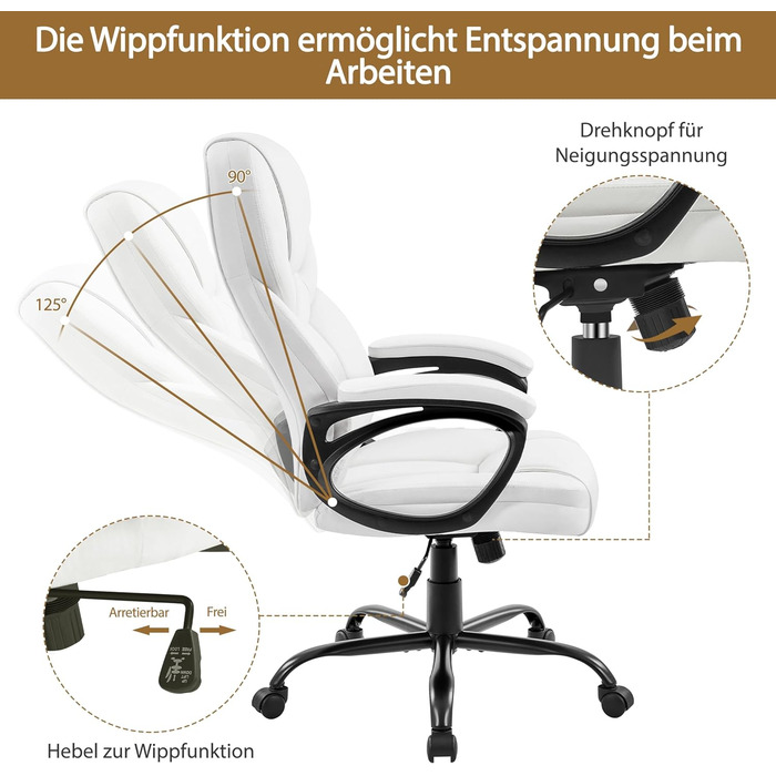 Офісне крісло Yaheetech, крісло керівника, ергономічне поворотне крісло з високою спинкою, комп&39ютерне крісло, зручне робоче крісло з регульованою висотою, офісне крісло зі штучної шкіри, піна високої щільності, функція гойдання, біле, біле, штучна шкір