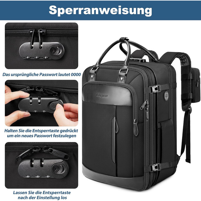 Ручна поклажа Taygeer EasyJet 45x36x20, Рюкзак-ручна поклажа-літак 45x36x20 з кодовим замком та відділенням для взуття, розширюваний дорожній рюкзак, сумісний з рюкзаком для ноутбука 15,6 дюймів, чорний