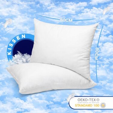 Пухові подушки 80x80 см (комплект з 2 шт.) - Подушки зі 100 пір&39яним наповнювачем та бавовняним чохлом, сертифіковані Oeko-Tex та виготовлені в Німеччині, ідеально підходять для алергіків та дітей, наповнювач 1200 г, комплект з 2 шт., 80 x 80 см
