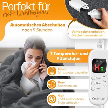 Плед з підігрівом KESSER Plush 180x130 см сірого кольору, сертифікований TV SD GS Електричний ковдр з підігрівом, таймером та автоматичним вимкненням Затишний плед 7 температурних режимів Можна прати до 40C Цифровий дисплей 180 x 130 см антрацитового коль