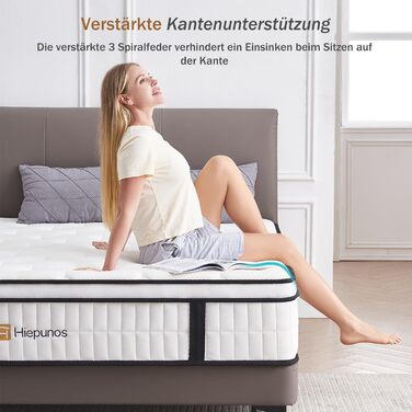 Матрац 180x200 см, пружинний матрац кишенькової форми, рівень жорсткості H3, 7-зонний пружинний матрац, ортопедичний з комфортним шаром піни з ефектом пам&39яті, розвантаження спини 26 см, 180x200x26 см