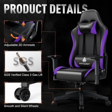 Ігрове крісло Vittanly, ергономічне ігрове крісло з підголівником та поперековою опорою, регульоване по висоті поворотне ігрове/офісне крісло з регульованою спинкою 90-165, вантажопідйомність 150 кг, фіолетове