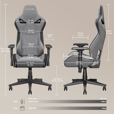 Ергономічне ігрове крісло з тканиною, офісне крісло з високою спинкою, ігрове крісло для користувачів з вагою, з підголівником та поперековою опорою, ігрове крісло в гоночному стилі, кут нахилу 155 з фіксацією кута, 56x55x135 см