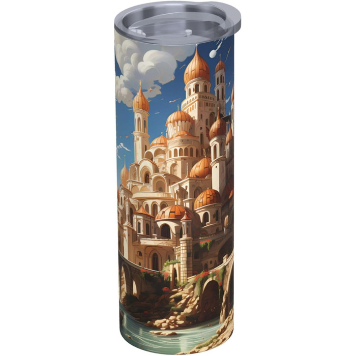 Дорожня кружка з прямою трубочкою, замок у стилі аніме, дизайн неба, підходить для кемпінгу, офісу та дому, 590 мл