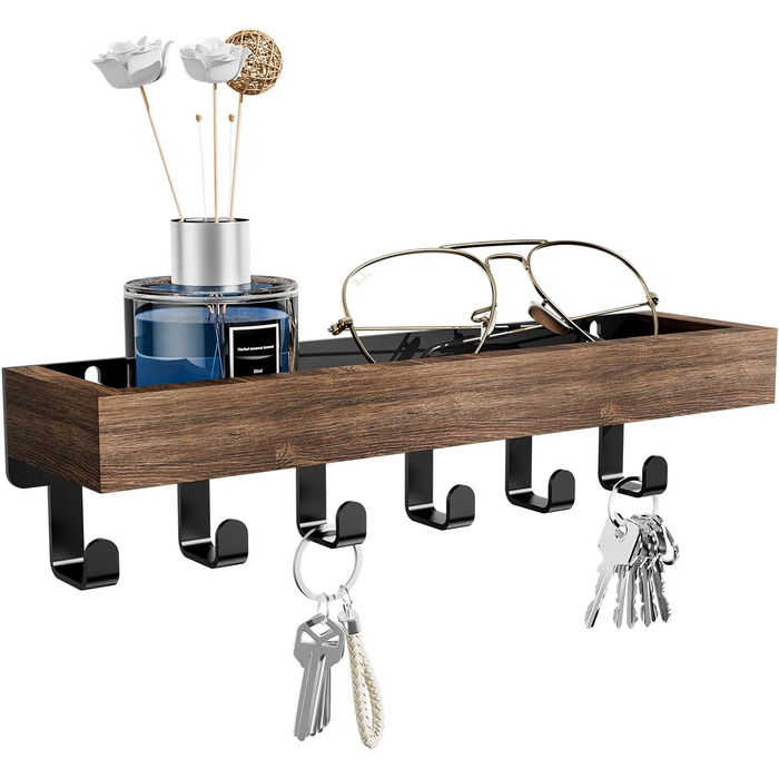 Ключниця з дерев'яним лотком і 6 гачками - багатофункціональна ключниця/дошка для ключів, ключниця з поличкою для передпокою, спал
