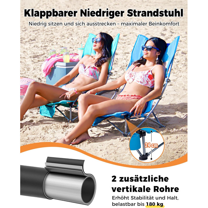 Низький складний пляжний стілець KingCamp, легкий, витримує до 180 кг, складний пляжний стілець із сітчастою спинкою, тримачем для напоїв та сітчастою кишенею, легкий складний кемпінговий стілець, складний стілець для пляжного кемпінгу Hr 2 шт., синє сітч