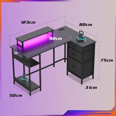 Г-подібний кутовий письмовий стіл DEVAISE 12380 см з 3 шухлядами, стіл з USB-портом та підставкою для монітора, комп&39ютерний стіл із місцем для зберігання для домашнього офісу, чорний.