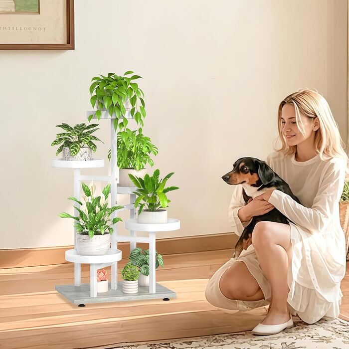 Металева підставка для рослин з 5 ярусами, полиця для рослин для приміщень/вулиці, дерев&39яна підставка для квітів для саду, балкону, вітальні (біла)