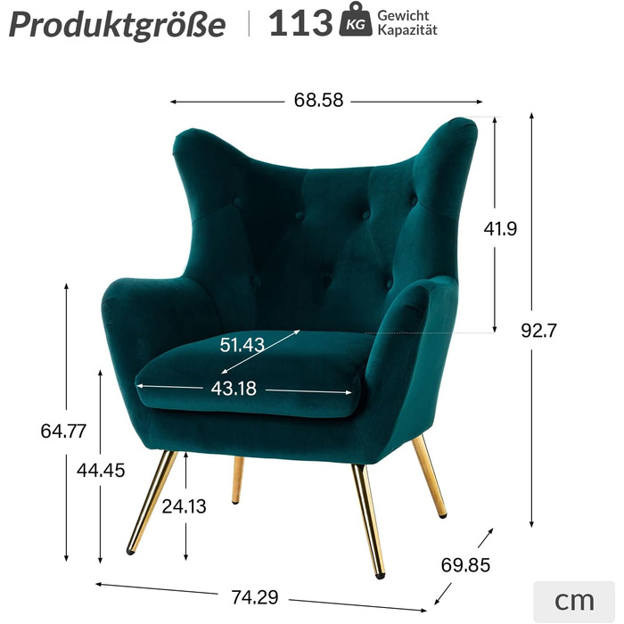 Крісло HULALA HOME, зручне крісло з відкидною спинкою та золотистими металевими ніжками, крісло для читання, зручне крісло з оксамиту для вітальні/спальні, темно-зелений 1 темно-зелений