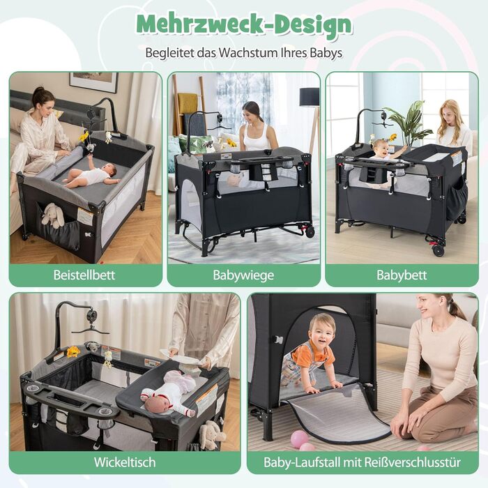 Дорожнє ліжечко 5 в 1 для немовлят, 120 x 60 см, приліжкове ліжко з матрацом та пеленальний столик, музичний мобіль та іграшки, дитяче ліжечко з регульованою висотою для немовлят від народження (темно-сірий)