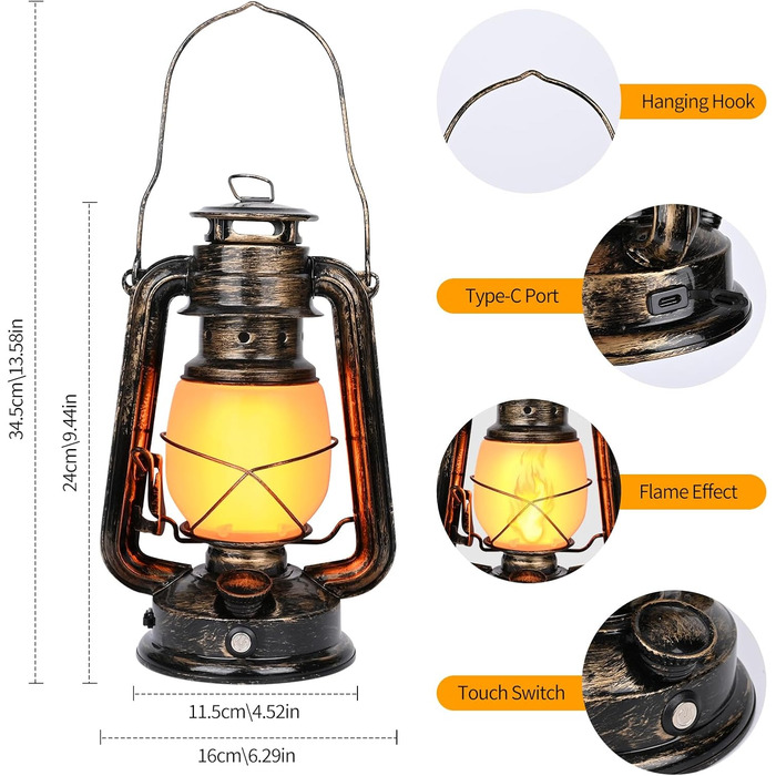 Світлодіодні старовинні ліхтарі, 2 шт. реалістичний мерехтливий полум&39яний підвісний ліхтар із сенсорним вимикачем, зарядка через USB, антикварний металевий ліхтар для приміщень, відкритого саду, кемпінгу, патіо, ганку
