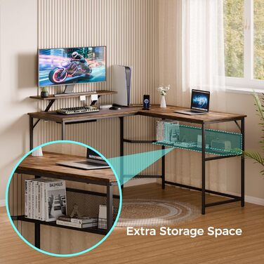 Геймерський стіл Mondeer L-подібної форми зі світлодіодним підсвічуванням, 130 x 130 см, кутовий стіл з 2 портами зарядки USB та 2 розетками живлення, двосторонній стіл з полицею та підставкою для монітора, для домашнього офісу, спальні, коричневий 130 x 