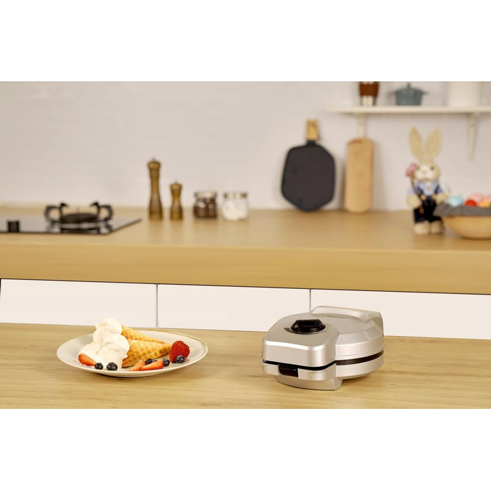 Торговий автомат SEVERIN Squirrel для хрустких вафельних ріжків, практична вафельниця для морозива з антипригарним покриттям, конусна праска з конусом для формування конусів, срібло, HA 2082