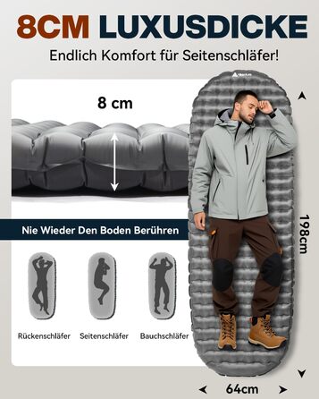 Килимок для сну HIKENTURE 6.2 R-value, надлегкий, товщина 8 см, надувний килимок для сну, кемпінговий повітряний матрац, невеликий розмір у упаковці, 4 сезони, килимок для сну для кемпінгу, відпочинку на природі, походів, сірий 198 см