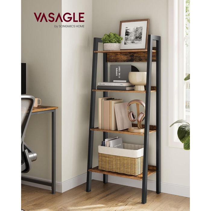 Полиця, 4-ярусна книжкова шафа, шафа для зберігання на ніжках, офіс, вітальня, спальня, кухня, індустріальний стиль, коричневий/чорний LLS054X01 Рустикальний коричневий чорний 34 x 56 x 137,5 см