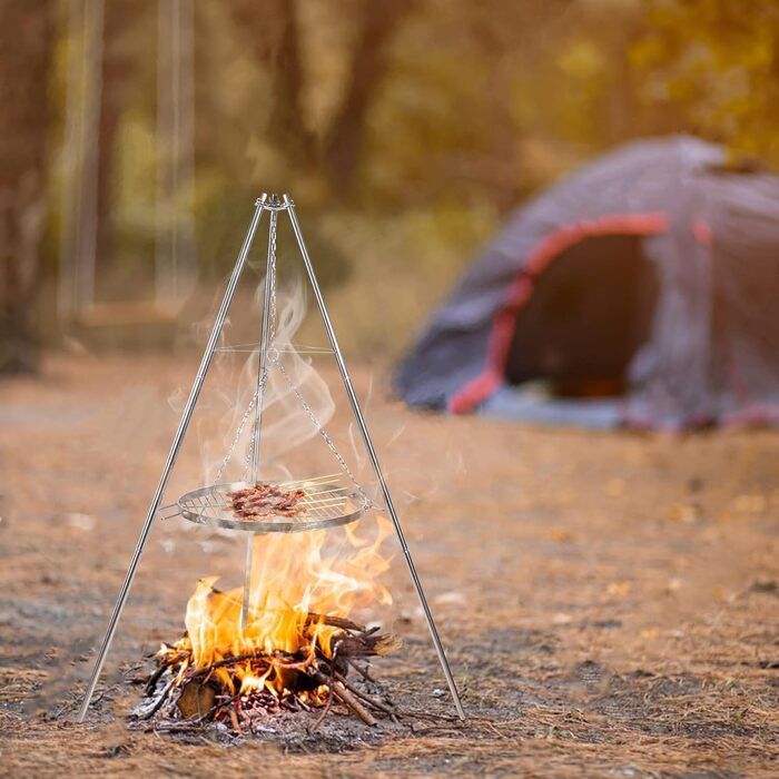 Поворотний гриль REDCAMP з решіткою для гриля, включаючи ланцюги, регульована висота, поворотний гриль для кемпінгу з нержавіючої сталі з круглою решіткою для гриля та сумкою для перенесення для барбекю на свіжому повітрі, сріблястий