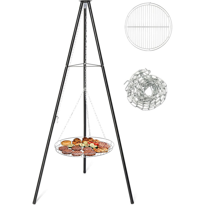Мангал тринога з регульованою висотою та решіткою 48 см - для пікніків, барбекю, кемпінгу - чорний. Без жаровні.