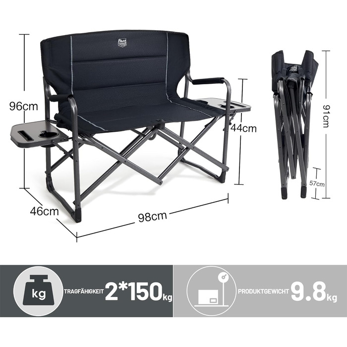 Складаний кемпінговий стілець TIMBER RIDGE для 2 осіб, вантажопідйомність 300 кг, розкладний диван, XXL 2-місний кемпінговий диван з бічним столиком, крісло для кемпінгу на свіжому повітрі, балкону, саду