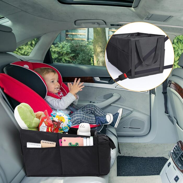 Органайзер на спинку автокрісла Cozary, органайзер для дітей з кишенями для іграшок, книжок та перекусів, з тримачами для напоїв та сітчастими кишенями, складаний чорний