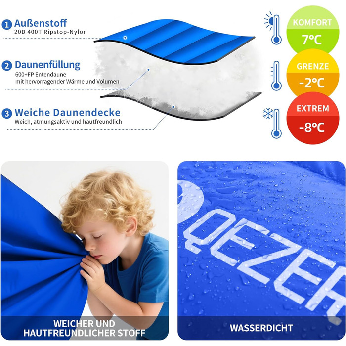 Пуховий спальний мішок, теплий легкий зимовий спальний мішок від 0C до -23C для дорослих та дітей, 4 сезони кемпінгу, використання на вулиці та в приміщенні, сапфірово-синій, 7C