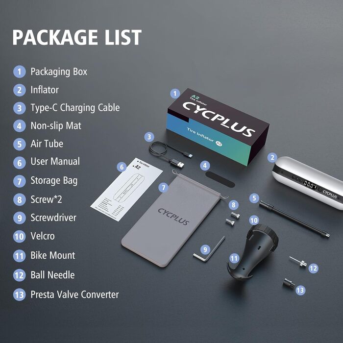 Повітряний насос CYCPLUS 150PSI Електричний компресор Портативний велосипедний насос Міні-насос для шин із цифровим світлодіодним дисплеєм Світлодіодне світло Акумуляторний літій-іонний акумулятор для всіх велосипедів, мотоциклів та автомобілів Білий