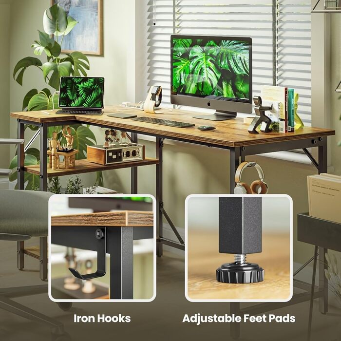 Невеликий L-подібний ігровий стіл з розетками, 140 x 70 см, кутовий комп&39ютерний стіл з великими полицями, що можна перевернути, для домашнього офісу, робоча станція для ПК з гачками для письма, навчання, рустикальний коричневий 140 x 70 см