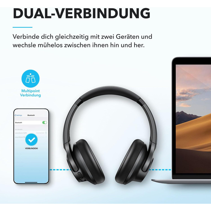 Бездротові накладні Bluetooth-навушники Anker Q20i з гібридним активним шумозаглушенням, 40 годин відтворення в режимі ANC, Hi-Res