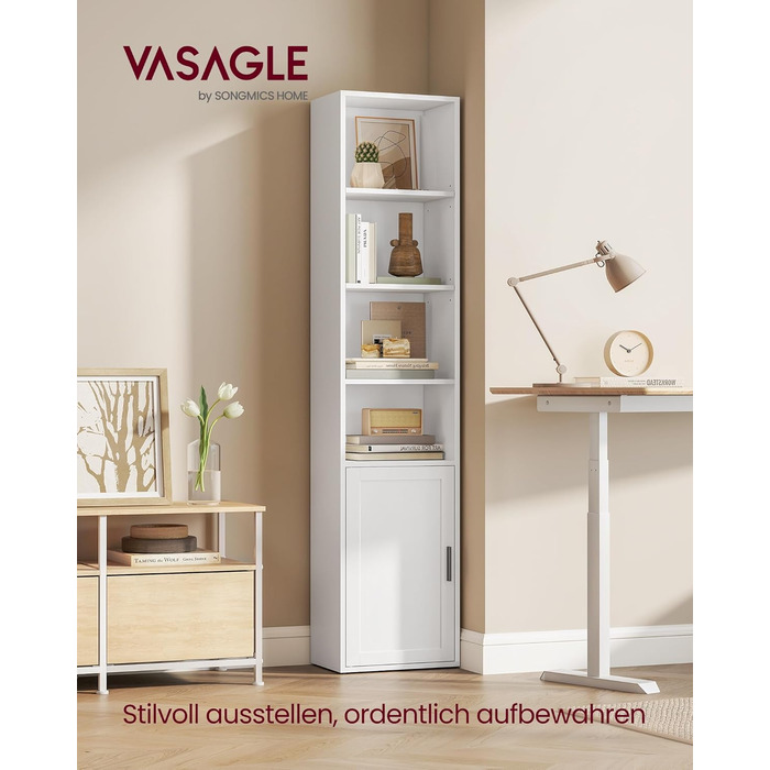 Колекція Custos - Книжкова полиця, висока 6-ярусна, окремостояча полиця з дверцятами, відкрита полиця для зберігання, 24 x 31,8 x 175 см, для вітальні, домашнього офісу, їдальні, хмарно-білий LBC401W01 31,8B см хмарно-білий