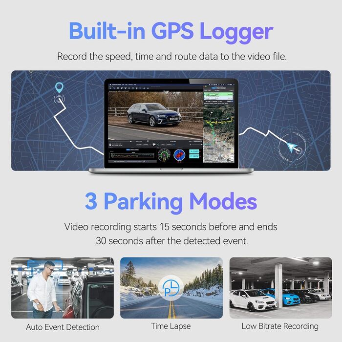 Автомобільний відеореєстратор VIOFO A129 Pro Duo 4K 1080P WiFi 5GHz, вбудований модуль GPS, двооб'єктивна передня і задня камера,