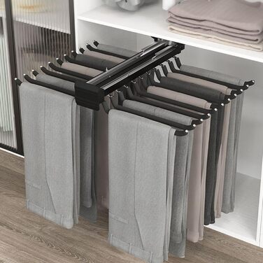 Вішалка для штанів для гардеробу, висувна вішалка для штанів, багатофункціональна підставка для штанів з 22 кронштейнами, вішалка для штанів з безшумним амортизатором, компактне сховище для гардеробів, чорний