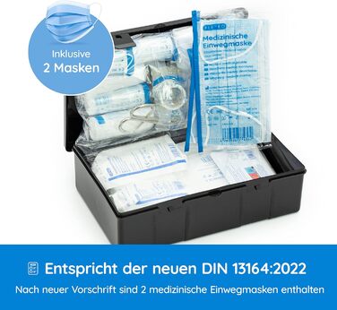 Автомобільна аптечка 2024 ДІЙСНА В ЄВРОПІ згідно StVZO чинний DIN 131642022 СЕРТИФІКОВАНИЙ в т.ч. 2 медичні маски для обличчя апте