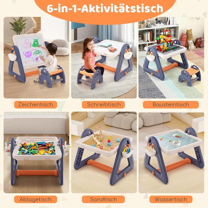 Дитячий столик GOPLUS зі стільцем, дитячий мольберт з двосторонньою стільницею та дошкою, 2 коробки для зберігання, 160 будівельних блоків, ігровий столик, робочий стіл для дітей від 3 років
