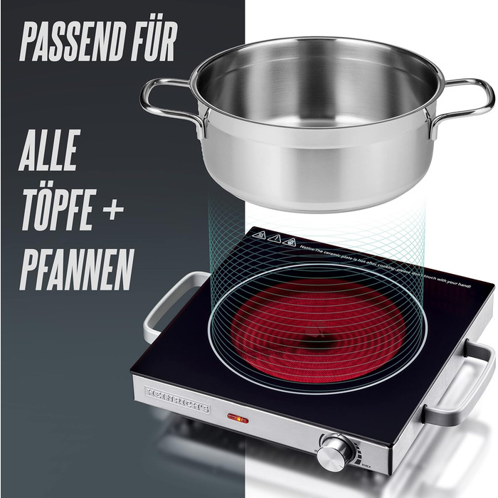 Інфрачервона варильна поверхня HEINRICHS Склокерамічна варильна поверхня з інфрачервоним нагріванням, електричні варильні поверхні, що підходять для всіх каструль і сковорідок, 2000 Вт для кемпінгу/офісу/кухні/на відкритому повітрі/одиночна, одинарна вари