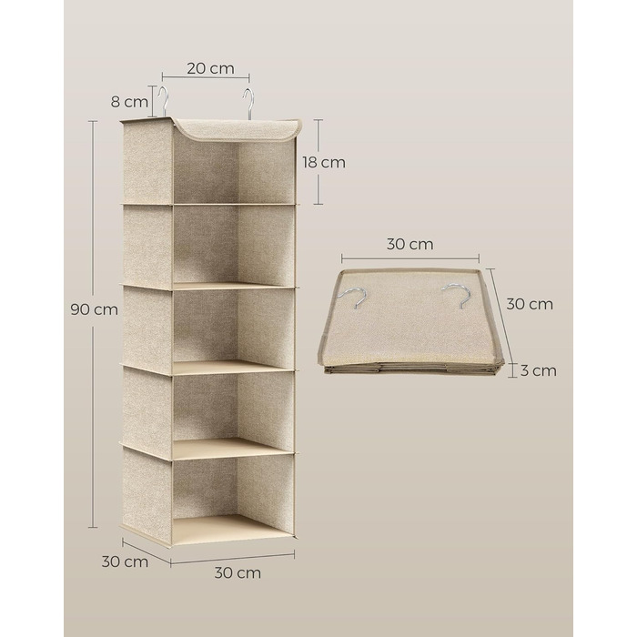 Підвісний органайзер SONGMICS, набір з 2 шт. , органайзер для шафи, підвісна полиця, підвісне місце для зберігання, складаний та компактний, металеві гачки та бамбукові вставки, текстура, що нагадує лляну тканину, пісочно-бежевий RCH005Y02 Пісочно-бежевий