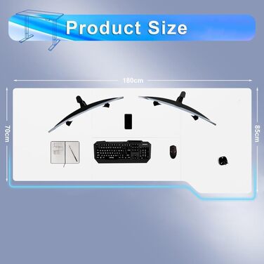 Стіл з регульованою висотою, білий, 180 x 85 см, L-подібний стіл, регульована висотою, електричний, ергономічний ігровий стіл з гачками (білий)