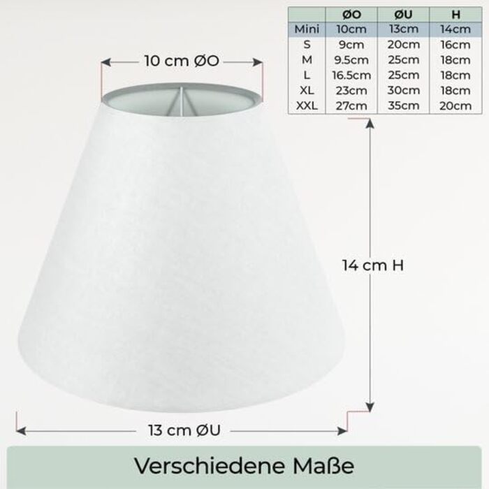 Абажур Wogati Premium E14/E27 Бавовна різні розміри та кольори Колір /Розмір XL Абажур Торшер абажур підвісний світильник абажур для настільної лампи (білий, XS Ø U 13см Ø Ø 10 см H 13 см)