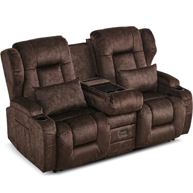Місний розкладний крісло-реклайнер з функцією відкидання спинки та підставкою для ніг, двомісне крісло для телевізора з консоллю, подвійне кінокрісло з ручним регулюванням вагою до 360 кг (розкладна центральна консоль, коричнева оксамитова тканина) Коричн