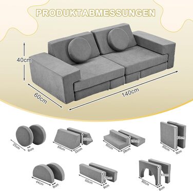 Дитячий диван LALAHO, ігровий диван для дітей, виготовлений з вельвету, складні пінопластові будівельні блоки, дитячий диван та дитяче крісло, універсальний та вільно складаний своїми руками, для дитячої ігрової кімнати, меблі для спальні (сірий)