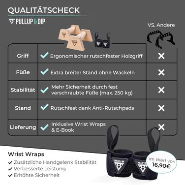 Дерев&39яні ручки для віджимань PULLUP & DIP, включаючи бандажі для зап&39ястя ергономічні ручки для стійки на руках, нековзні перекладини для віджимань, калістеніки, фітнесу та тренування верхньої частини тіла