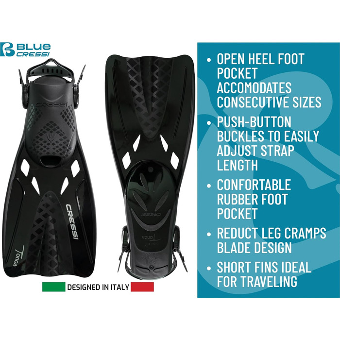 Ласти CRESSI Tonga/Комплект - Легкі регульовані короткі ласти або комплект коротких ласт повнолицьова маска Baron із широким полем зору, ідеально підходять для підводного плавання, плавання, короткі ласти для дорослих, чорний/чорний, L/XL (42/47)