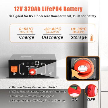 Акумулятор LiFePO4 320Ah 12V, акумулятор ECE R10 для автофургона, літій-іонний акумулятор 4096Wh з BMS 250A, ідеальна заміна свинцево-кислотного акумулятора для автофургонів, сонячні системи, комплект сонячних панелей, літій-іонний акумулятор для автофург