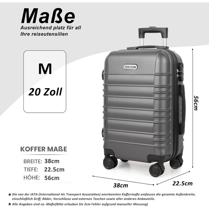 Ручна поклажа, 20-дюймова валіза з твердою оболонкою, візок, легка валіза на колесах з ABS-пластику, дорожня валіза з 4 колесами, 3-значний кодовий замок (темно-сірий, 41 л) Темно-сіра ручна поклажа (M)