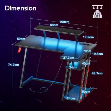 Ігровий стіл ODK зі світлодіодним освітленням та розетками, L-подібний ігровий стіл 100 см з місцем для зберігання, кутовий стіл з підставкою для монітора, комп&39ютерний стіл з вуглецевого волокна, чорний